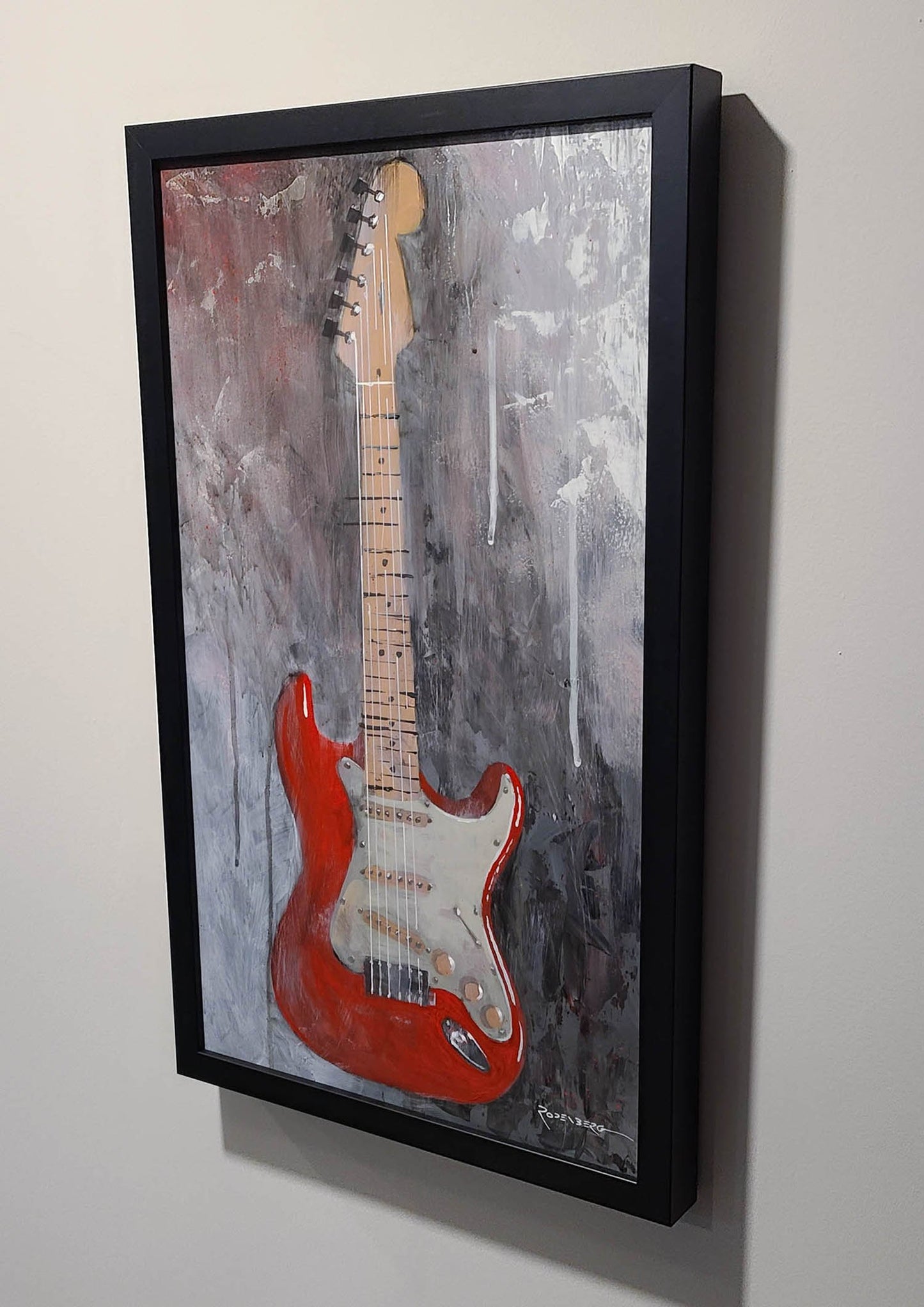 Guitar painting - Original red electric guitar wall art