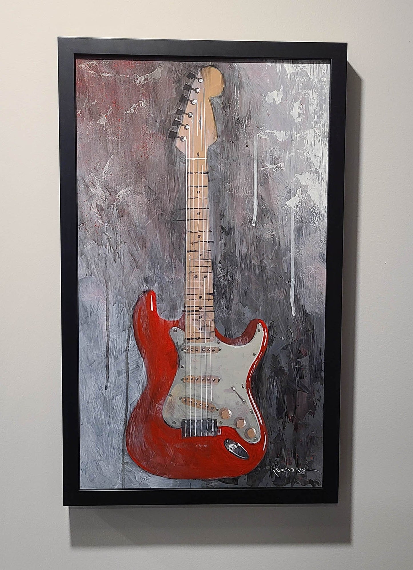 Guitar painting - Original red electric guitar wall art